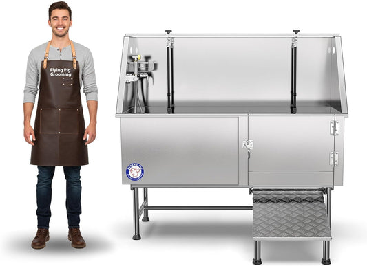 62" Stainless Steel Pet Dog Bath Tub with Faucet (Right Door/Left Drain), 62 X 27 X 58"